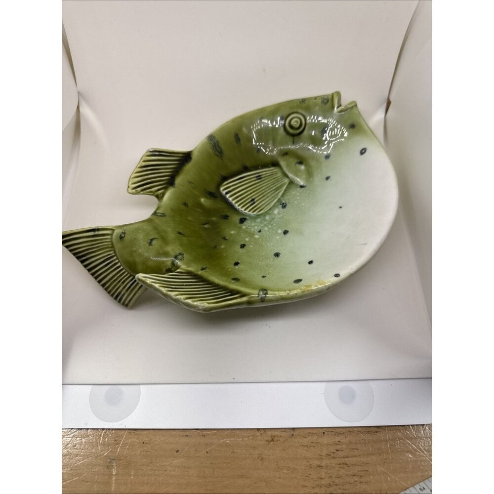 Vtg Ceramic Green Fish Trinket Dish Catch All Bowl Gorgeous Realistic Hand Paint